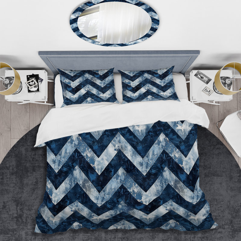 Blue Chevron Glam III - Ensemble de housse de couette transitionnel, Housse de couette pour grand lit et 2 taies décor