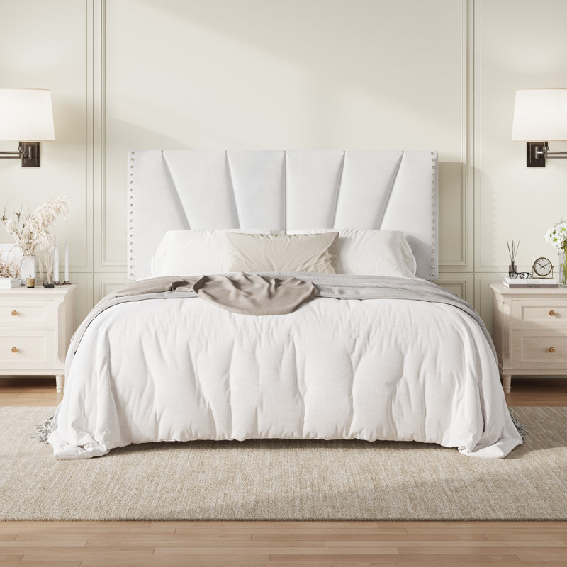 Velvet Upholstered Platform Bed Frame With Tufted Headboard And Nailhead Trim, Adjustable Height, No Box Spring Needed, White