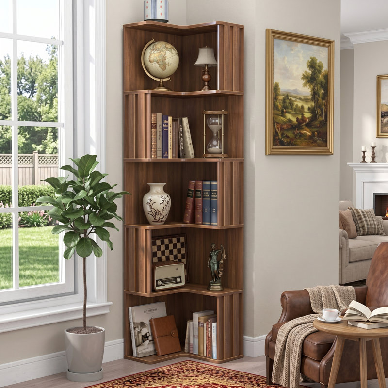 Modern Walnut 5-Tier Corner Bookshelf with Fluted Decorative Baffles