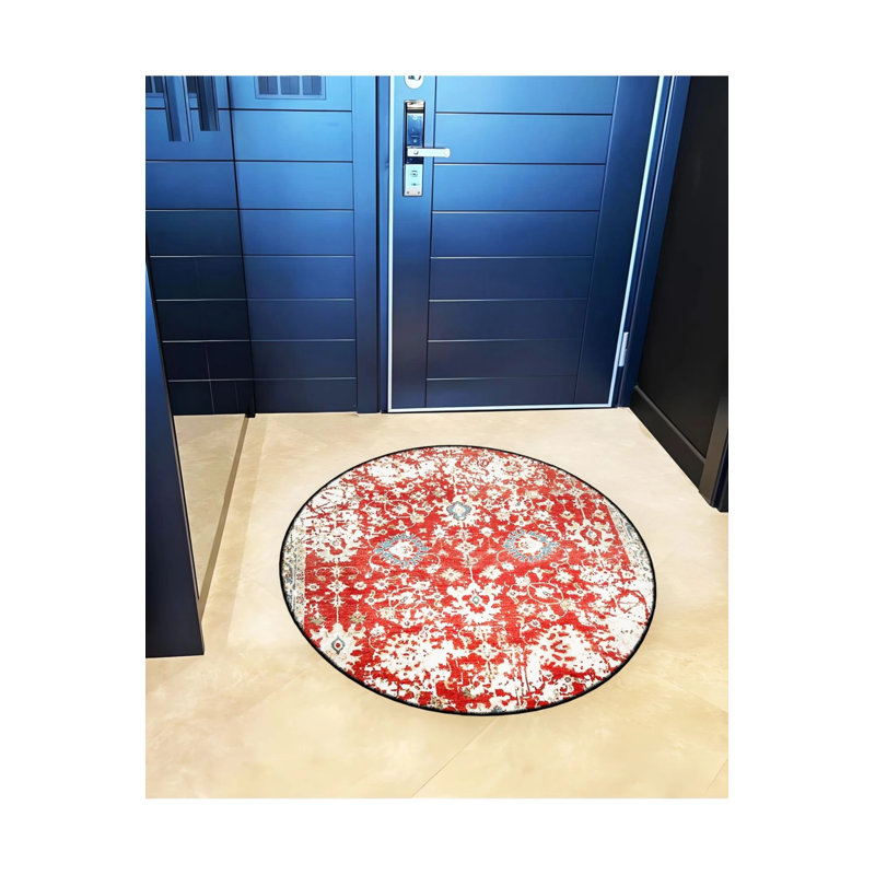 Red Themed Ethnic Motif Traditional Patterned Round Woven Base Vintage Decorative Carpet, Round 3'4"