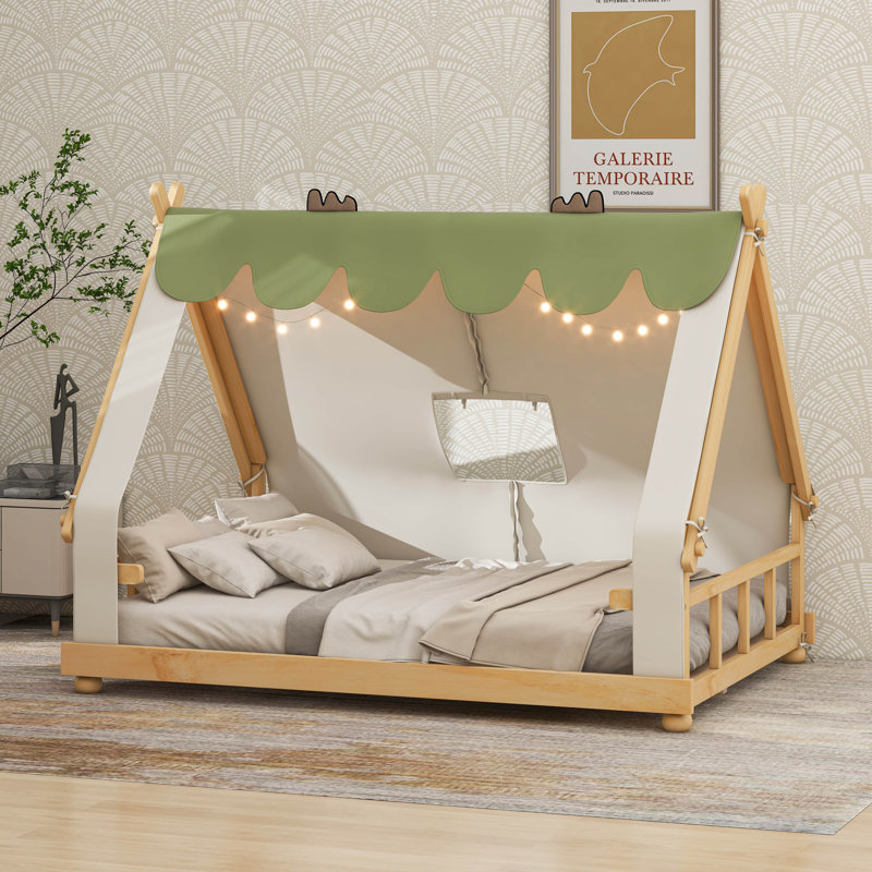 Lit de maison avec tente et éclairage, White, Double