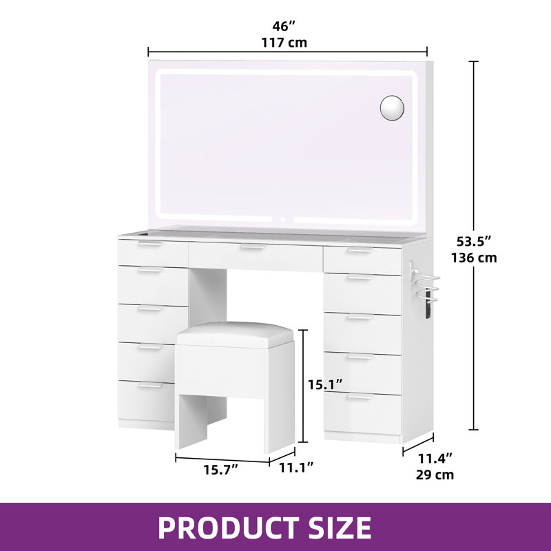 Annsley 11-Drawer Dressing Table with Mirror，Makeup Vanity Desk with LED Lighted Mirror
