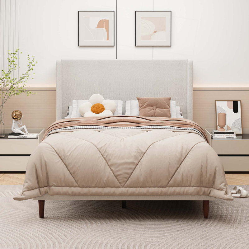 Modern Platform Bed Upholstered Bed Frame, Elegant Soft Bed With 12 Slats And High Backrest, Queen, Ivory White