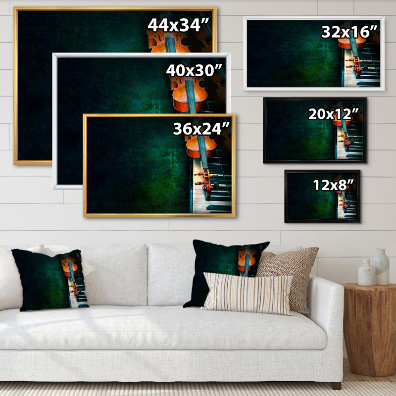 Abstrait violon sur le piano - décoration murale moderne en toile, H 40 po x l 30 po x P 1,5 po, Cadre flottant doré