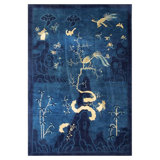 1920s Antique Deep Blue Field Pictorial "Shan Shui" Knotted Chinese Peking Rug