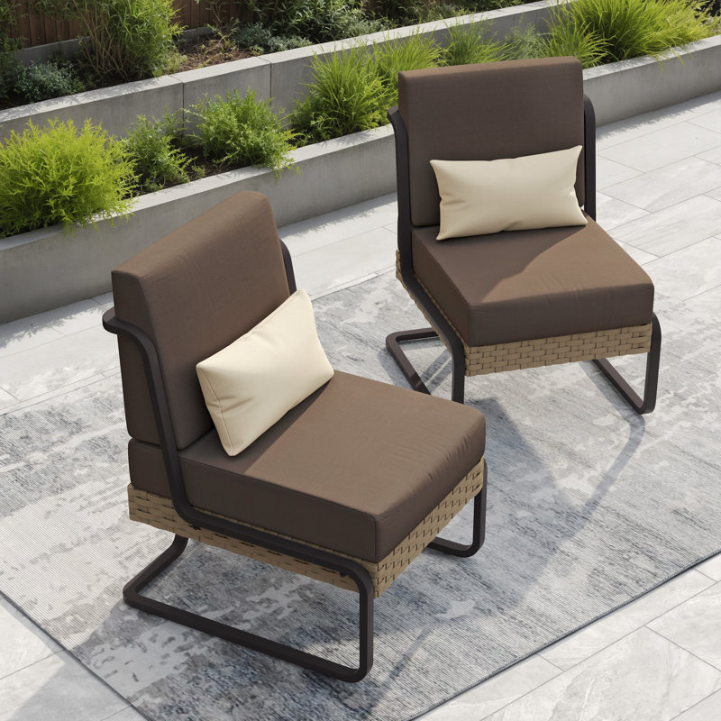 Patio Aluminum & Wicker Lounge Chair With Cushions  & Pillows (Set of 2), Khaki, Brown