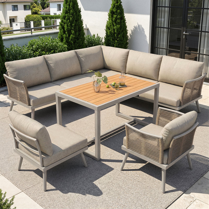7-seater L-shaped Garden Sofa Set With Woven Armrests, Beige