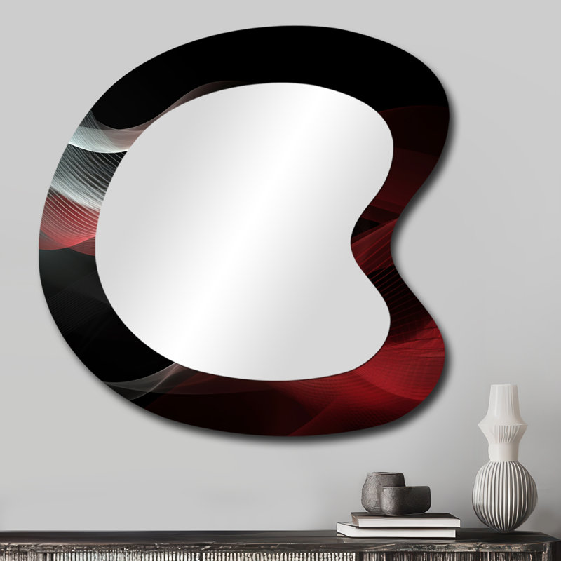 Fairlie Red Black Contemplative Abstraction II - Waves Asymmetrical Unique Wall Mirror, Modern Unique Shape Mirror, Printed Metal Art