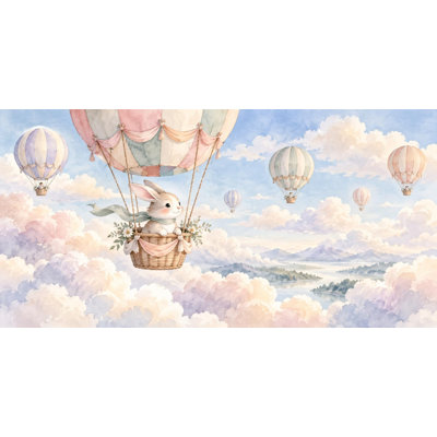 Bunny Balloon Wallpaper Mural, Peel and Stick Kids Room Wall Mural, Watercolor Hot Air Balloon Nursery Wallpaper