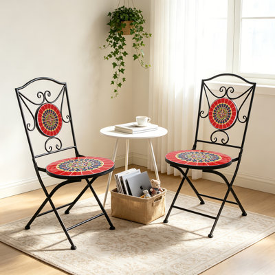 Ensemble de 2 chaises de terrasse, ensemble de tabourets de bar d'extérieur, mobilier en fonte, cadeau d'Halloween ou de Noël, chaises de patio pliantes en fer à motif mosaïque (2 pièces)