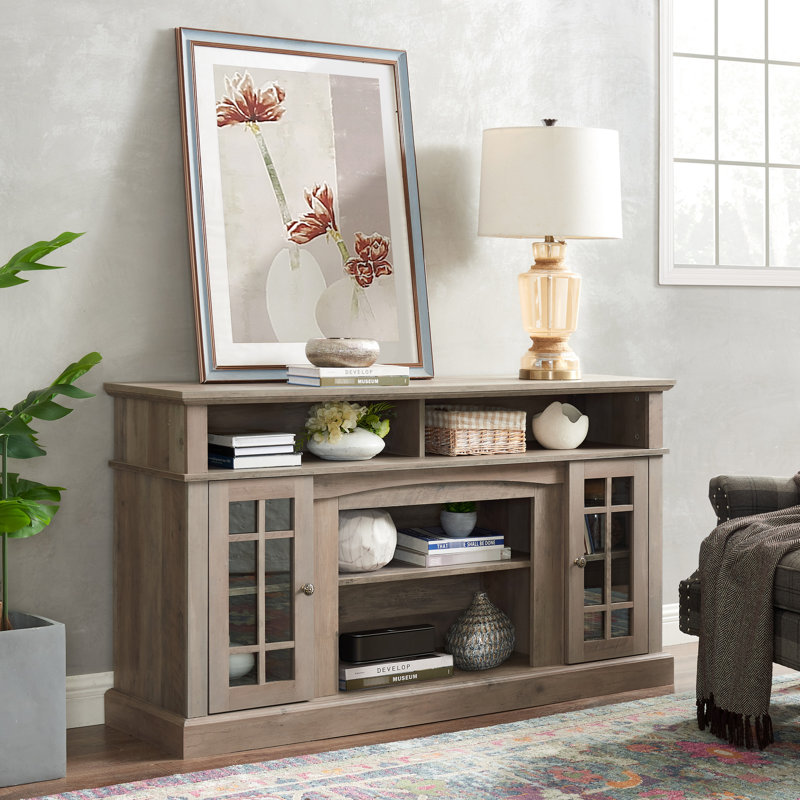 Meuble audio-vidéo pour téléviseur de 65 po, style traditionnel américain, couleur gris délavé, l 58,91 po x P 16,14 po x 32 po, grand espace de rangement et 5 téléviseurs à découpes pour câbles avec lavage, gestion de surface lisse