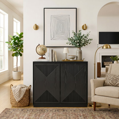 Mid-Century Black V-Groove Buffet Storage Cabinet for Multi-room Use