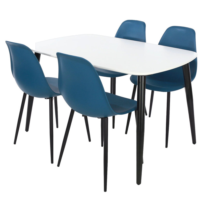 Huetter 5-Piece Casual Dining Set - Spacious Rectangular Table & 4 Curved Plastic Chairs, White, Blue