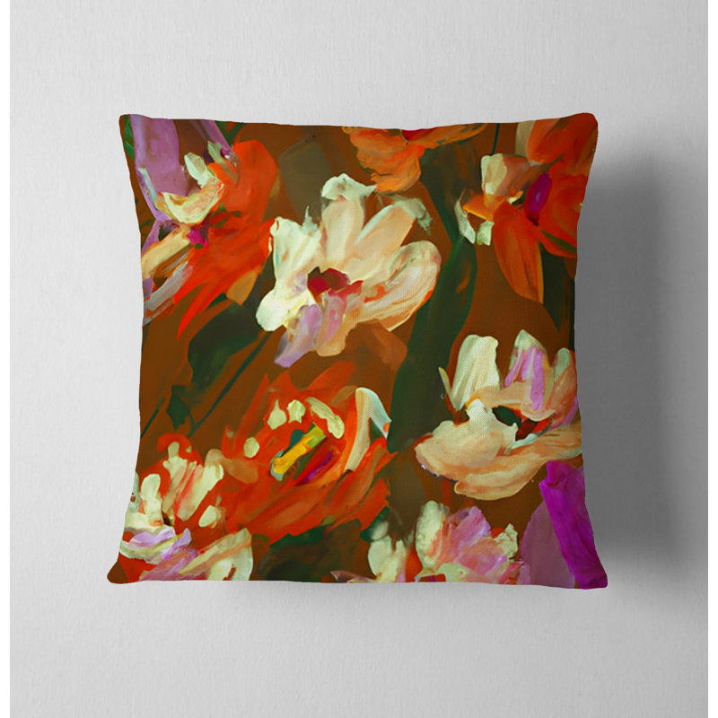 Coussin décoratif avec insert, H 16 po x l 16 po, Vert / floral orange 1