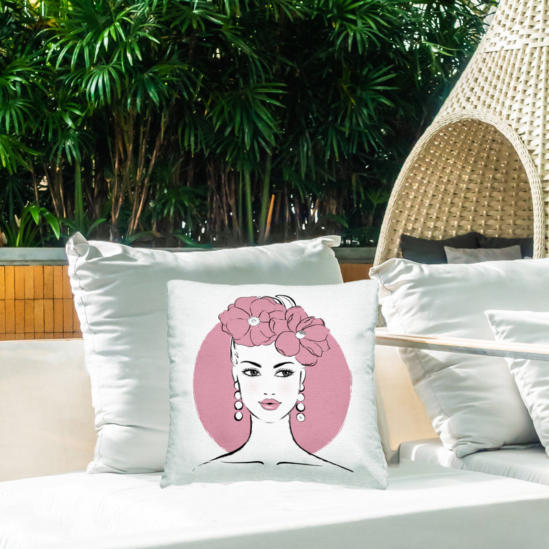 Coussin décoratif d'extérieur imprimé Pink Lady Portrait par Martina Pavlova