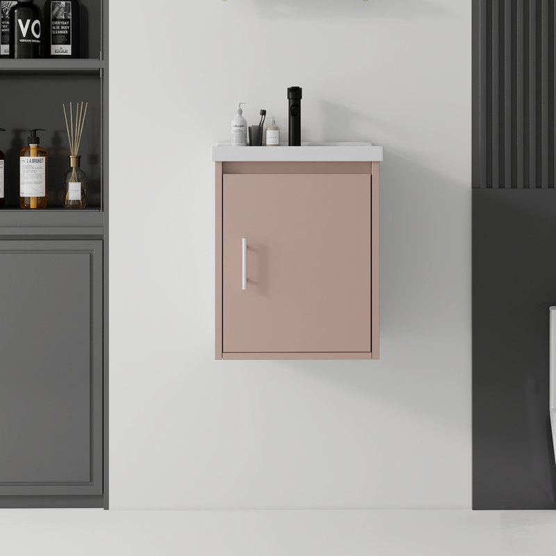 Meuble-lavabo flottant avec porte à fermeture en douceur, lavabo en céramique et fabrication en contreplaqué durable, Rose