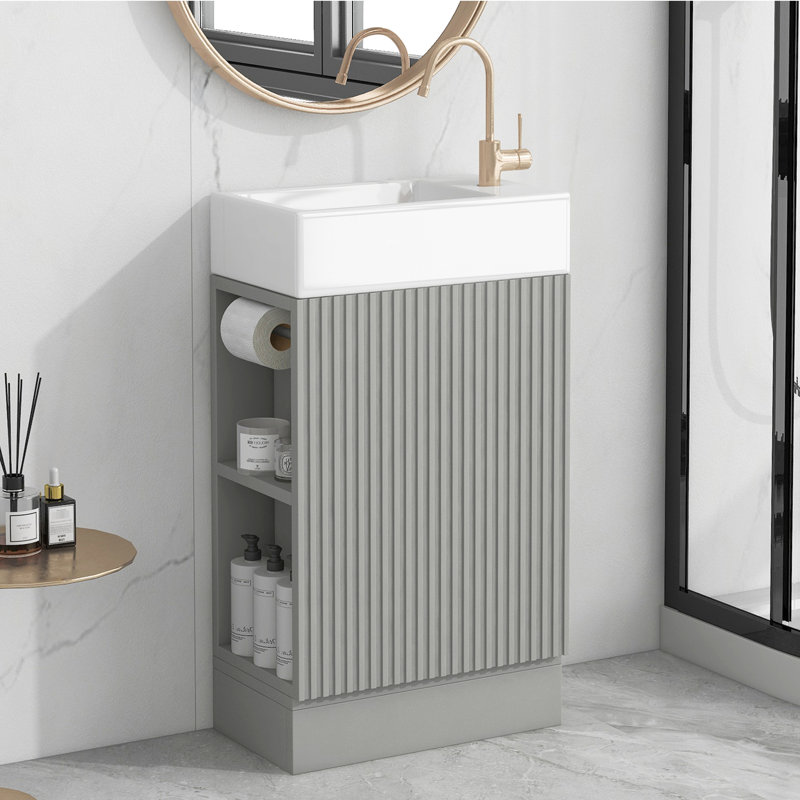 Grey 18.6" Bathroom Vanity With Board And Ceramic Sink, Shelf Cabinet Customizable, Grey