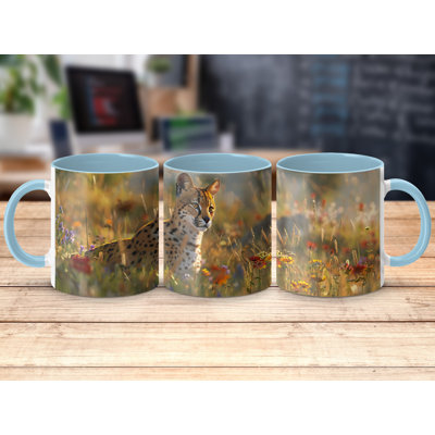 Set of 4 Animal Design 11oz Accent Mugs – Ceramic Coffee Cups with a Light Blue Handle and Interior