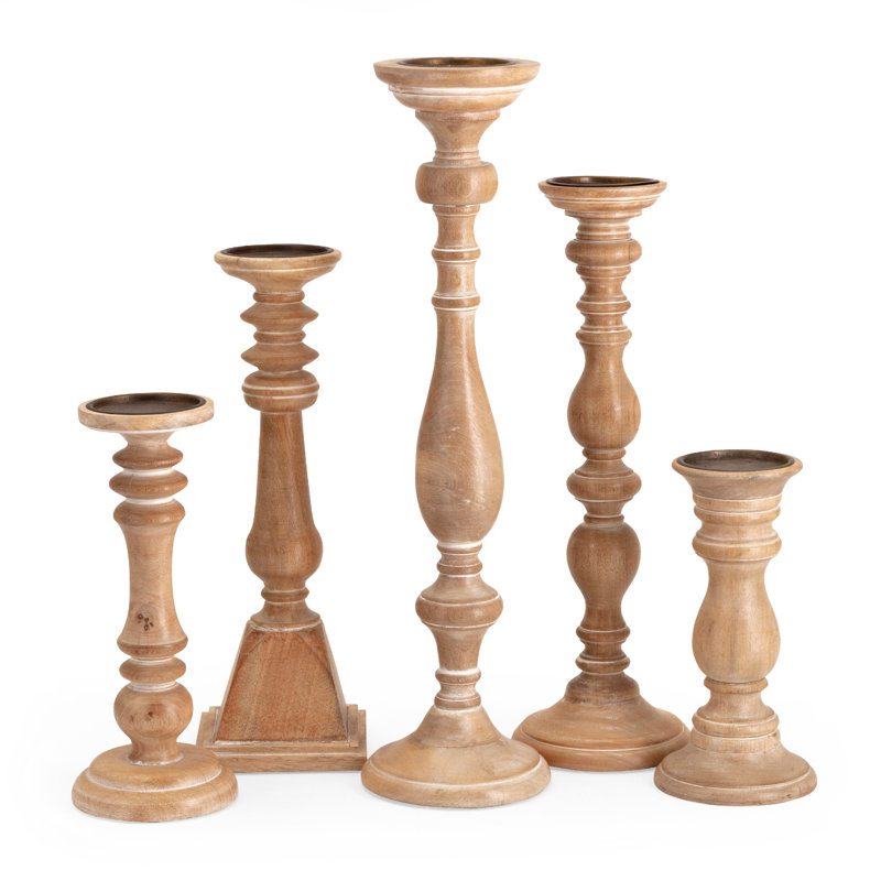 Hez 5Pc Turned Candle Holder Set, Classic Accent, Rustic Brown Wood