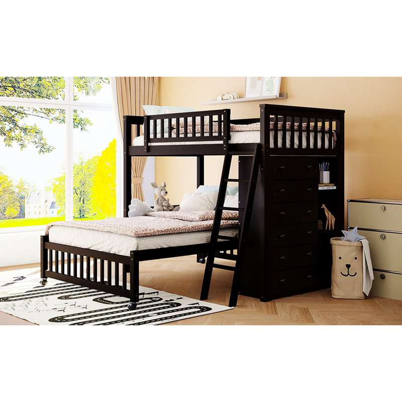Gray Wooden Bunk Bed With Six Drawers, Customizable Shelf Formats, And A Size Lower Twin Over Full In Drawer Cabinets Flexible Insights