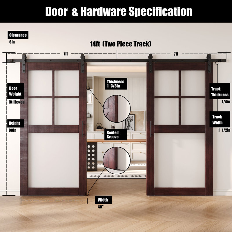 Portes de grange en verre givré double non assemblé et fini 40 po x 80 po 5 pièces avec quincaillerie d'installation sans dérivation Homacer