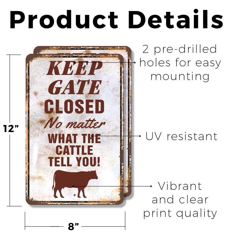 Enseigne bovin Keep Gate Clos (paquet de 2) 8 po x 12 po