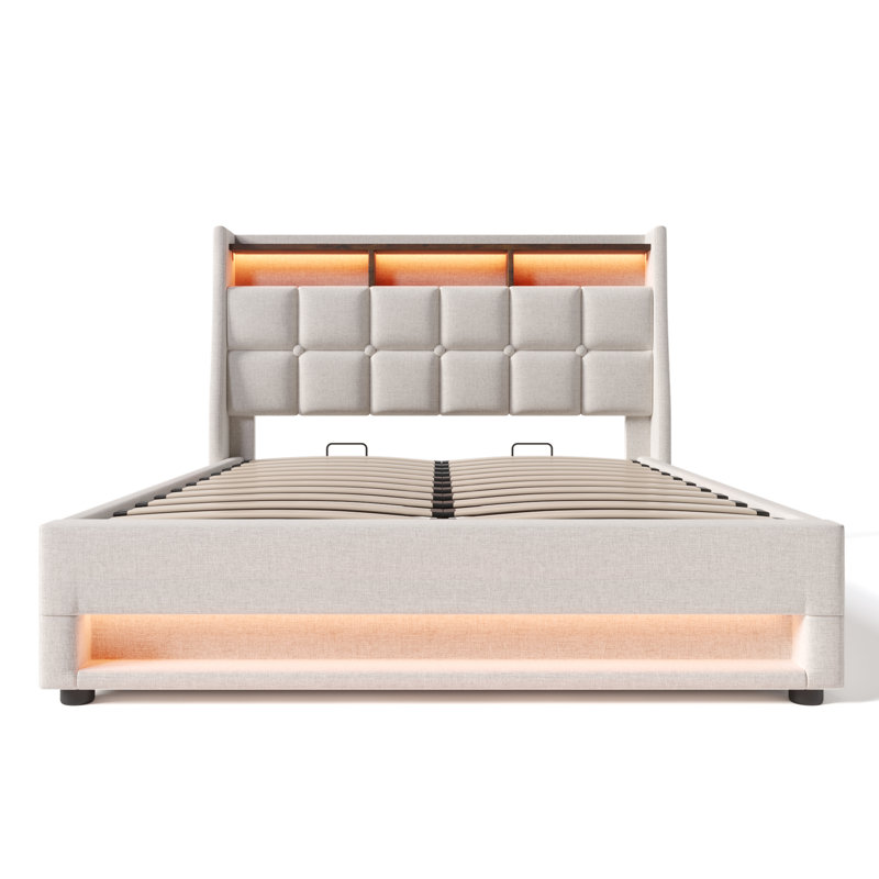 Storage Bed With Led And Usb Linen, Double (4'6), Beige
