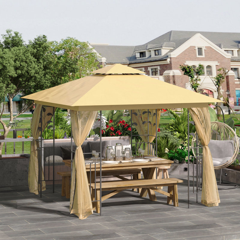 Moustiquaire en métal 10 x 10 pi pour jardin avec double toit et motifs d'arbres (beige)