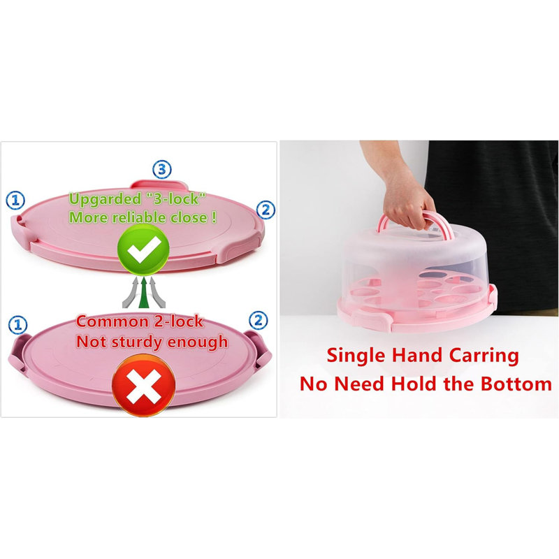 Portable Cake Carrier with Handle, Round Cupcake Holder with Lid, Pink