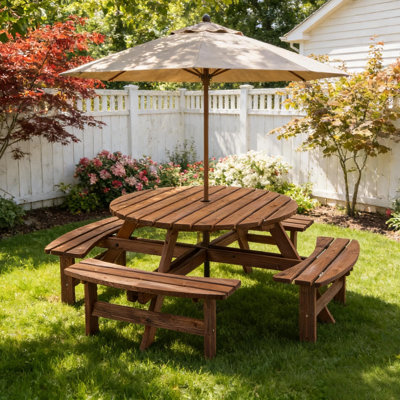 Solid Wood Outdoor Wooden Picnic Table With 4 Built-In Benches，Camping Dining Table For 8 Person