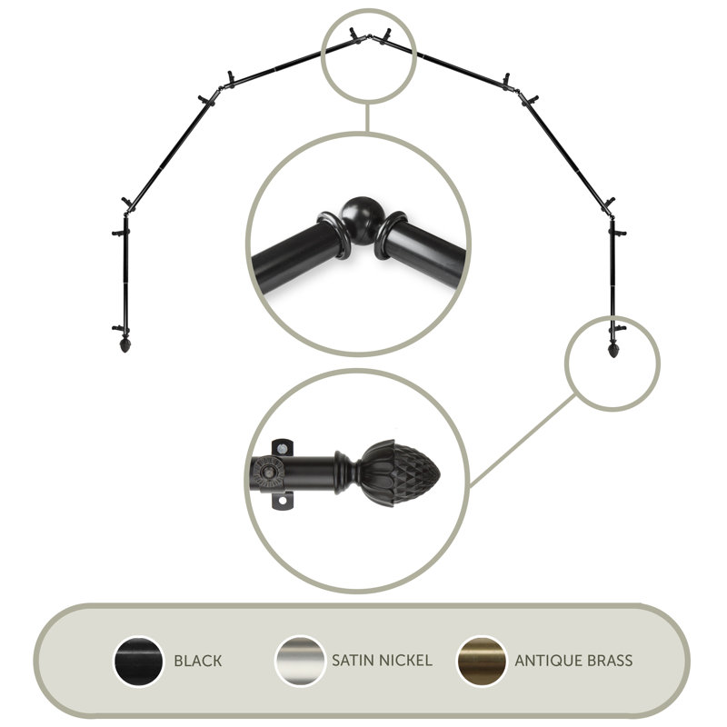 Tringle à rideaux simple ajustable avec baie vitrée de 0,81 po, Noir, 28 po à 48 po (chaque côté)