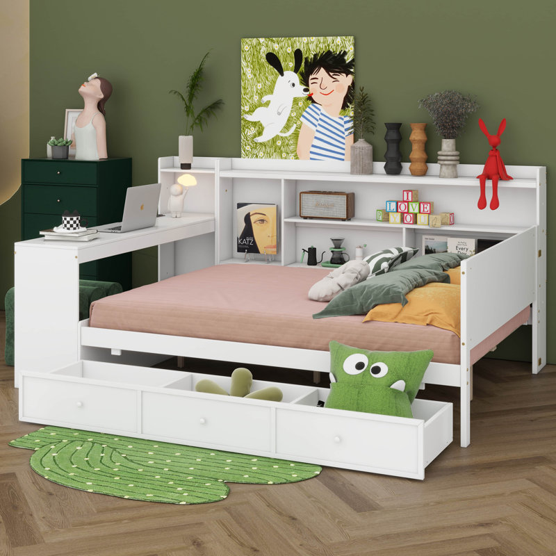Wooden Daybed With 3 Drawers, USB Ports And Desk, White, Full