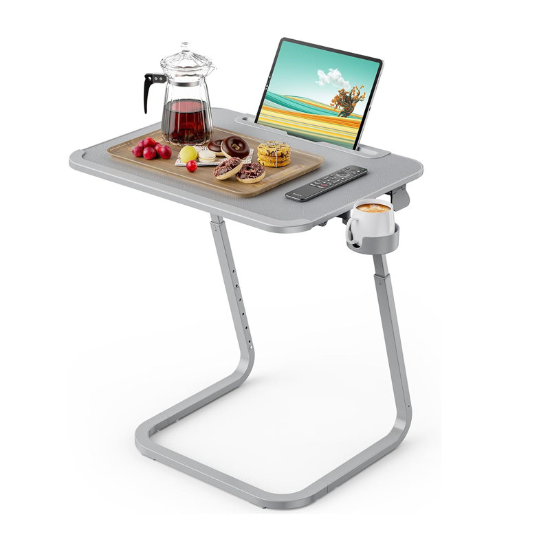 Adjustable Grey PVC Leather TV Tray Table with Cup Holder
