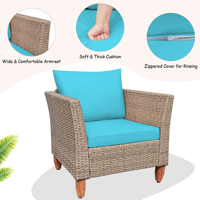 Mix Brown and Blue Rattan 3-Piece Outdoor Seating Set with Acacia Wood Table
