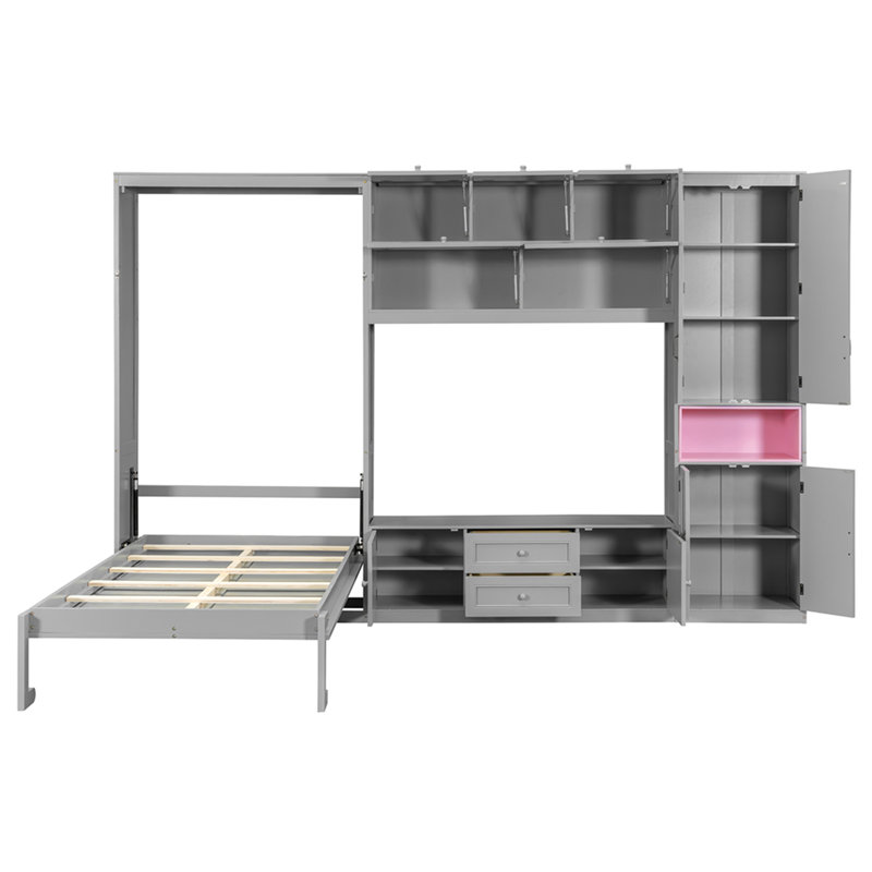 Twin Size Wooden Murphy Bed with TV Stand, 2 Drawers, Shelves, and Cabinets, Gray, Gray
