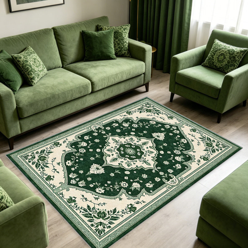 Green Floral carpet-easy to clean, machine-washable, soft and comfortable; suitable for door mats, kitchens, living rooms, bedrooms, corridors, and laundry areas. Easy to clean, durable carpet for home decoration.