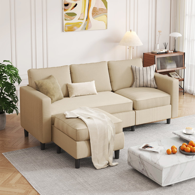 Canapé rembourré 73,6 po avec repose-pieds Roshod, Velours côtelé beige