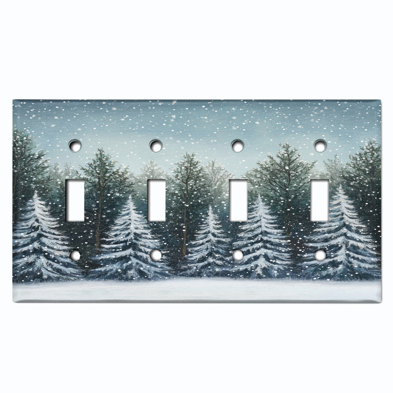 Couvercle de plaque d'interrupteur en métal; Bascule à 4 bandes US standard - Snowy Trees, # 4 Quad bascule