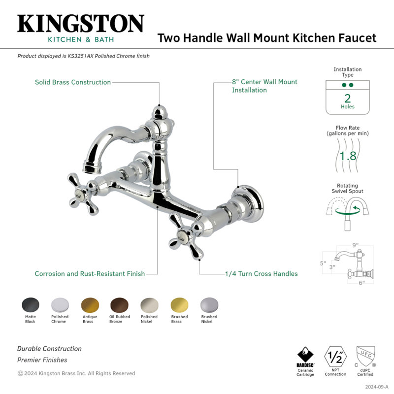 Kingston Brass Vintage Double-Handle 2-Hole Wall-Mount Bridge Kitchen Faucet, Brushed Nickel