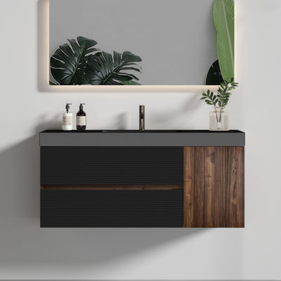 Meuble-lavabo moderne de 48 po de couleur noyer, lavabo noir mat, 1 porte, 2 tiroirs, panneau E1, laque à base d'eau E0, lavabo à comptoir à rebord profond de 4,7 po, installation facile et noir, mur