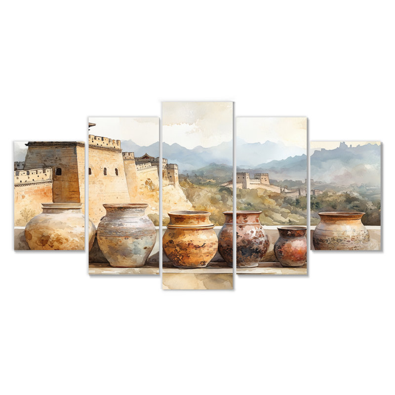 «Great Wall China Pottery» dans des tons de beige et de gris - ensemble d'art mural sur toile Boho Pottery