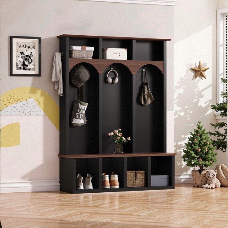 59'' Wide Wooden Hall Tree With Storage Bench 5-Hook Entryway Organizer And 7-Cubby Shoe Cabinet, Black
