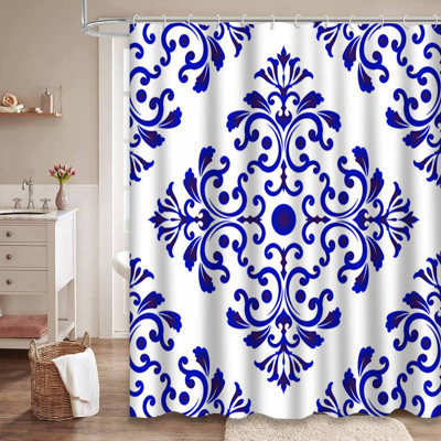 Rideau de douche à motif de damas blanc avec 12 crochets