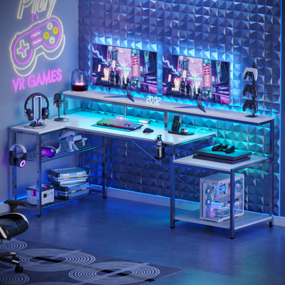 Minaya LED Gaming Desk with Power Outlet, L-Shaped Computer Desk with Monitor Stand