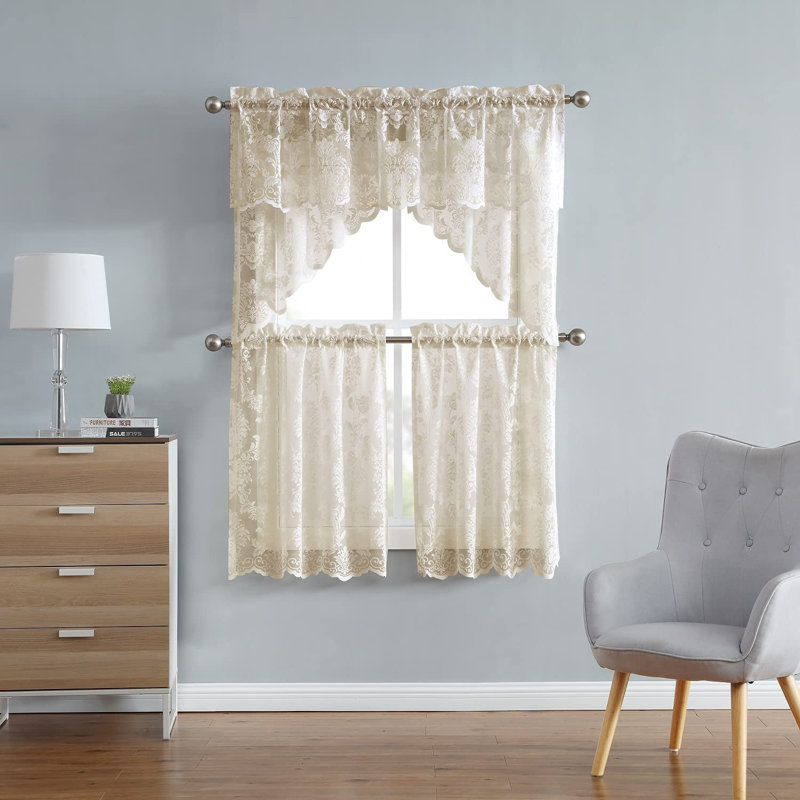 Tario Pair of 2 Floral Scalloped 30" Kitchen Curtain Tiers, 30" W x 36" L, Golden Linen