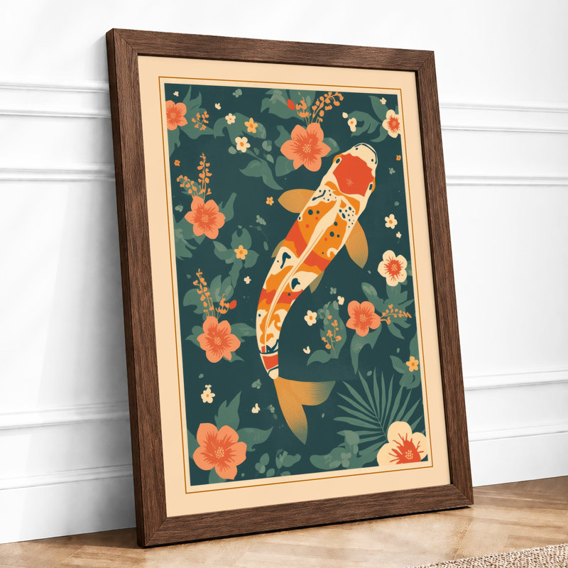 Koi in Bloom Japandi - Framed Print, A3 - 42.0 x 29.7 cm, Walnut