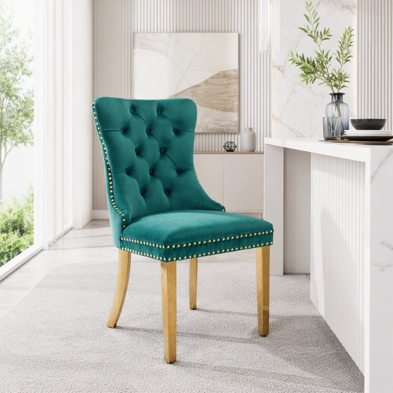 Chaise de salle à manger contemporaine en bois massif, recouverte de velours, avec pieds en acier inoxydable chromé., Vert