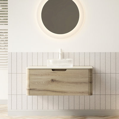 Meuble-lavabo de 36 po avec vasque en cristal transparent avec rayures artistiques, armoire en contreplaqué au fini chêne blanc, tiroir préassemblé à fermeture en douceur, convient à divers styles de meuble-lavabo,