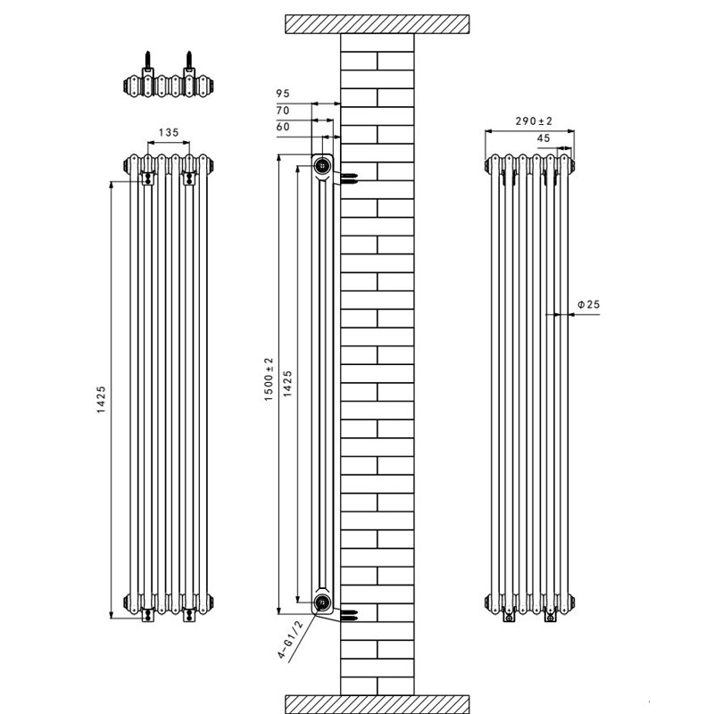 Valda Vertical Traditional 2 Column Designer Radiator, White, 150cm H x 29cm W