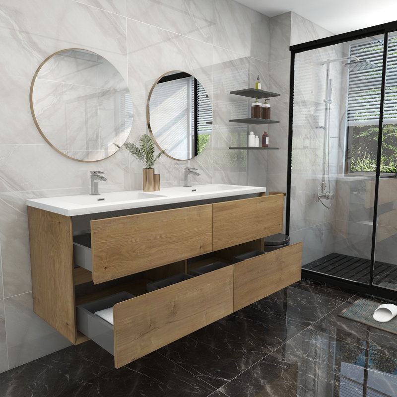 60'' Double Bathroom Vanity with Acrylic Top, Teak Oak